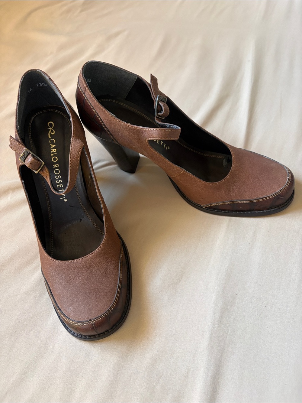 Brown Leather Mary Jane Heels with Ankle Strap